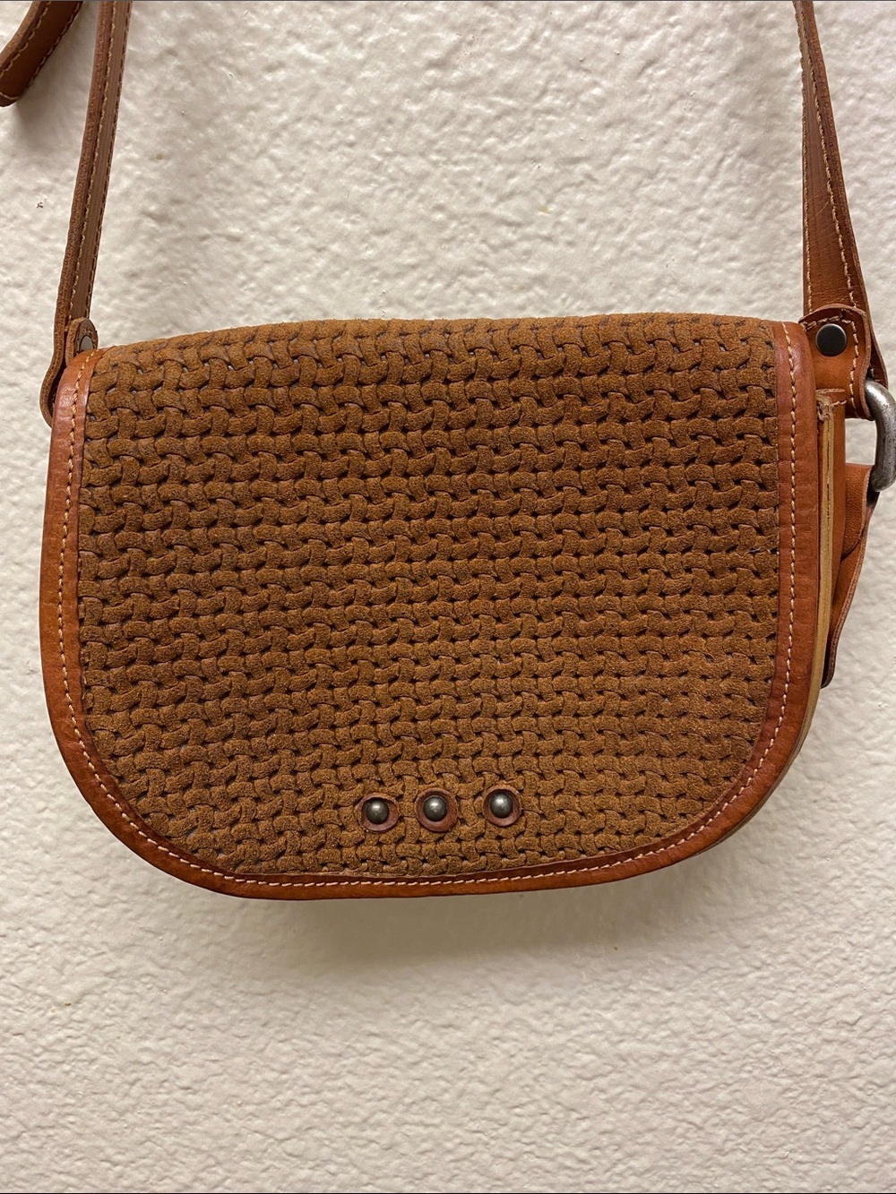 Vin Baker Brown Woven Suede Leather Crossbody Bag